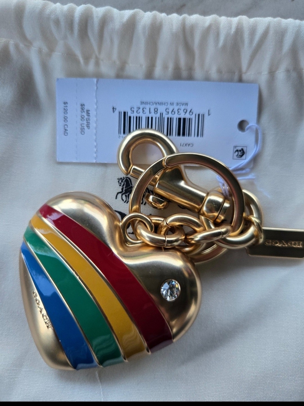 Coach Gold-tone Heart Keychain/Bag Charm with Rainbow Enamel Stripes